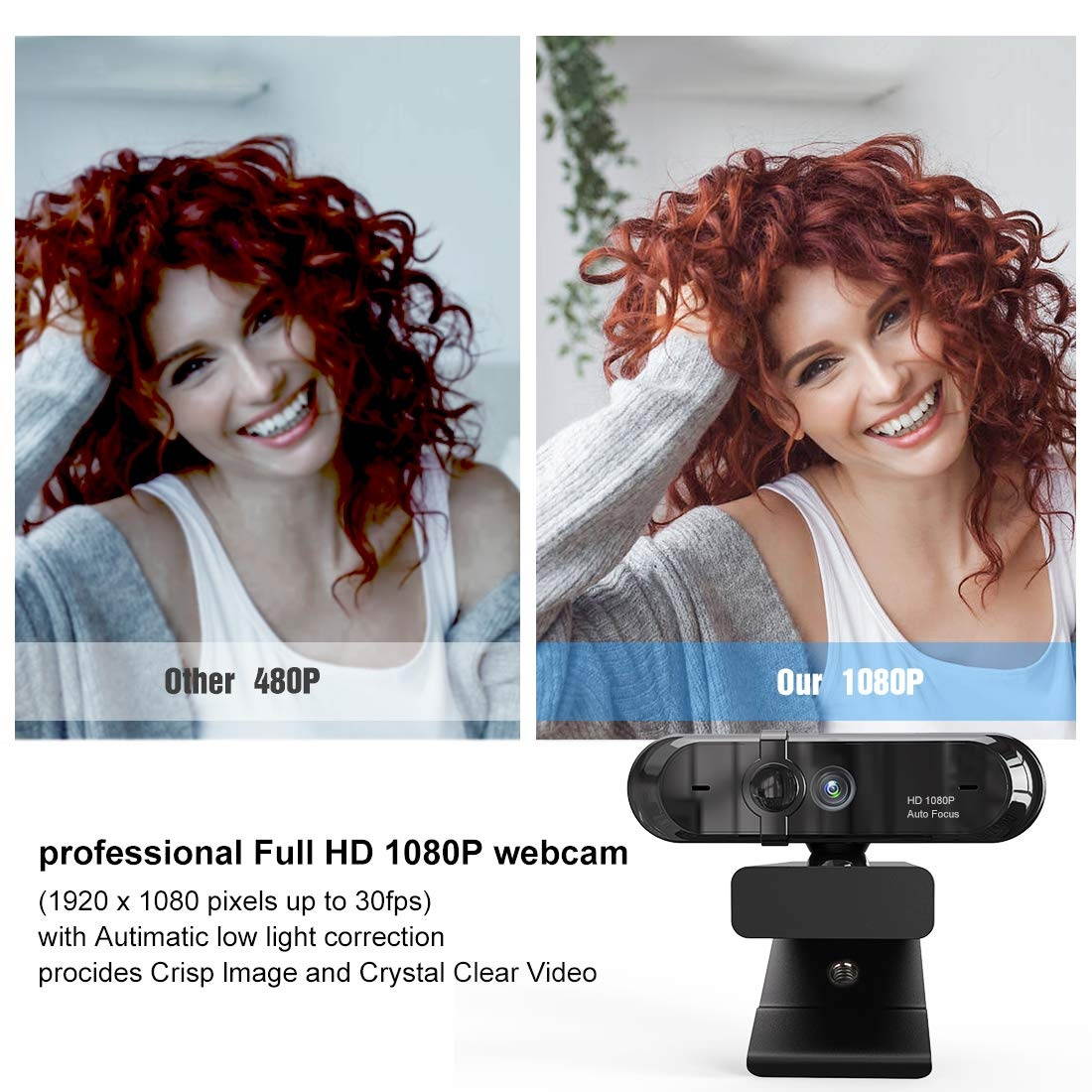 1080P Webcam, HDWeb Camera with Built-in Microphone & Privacy Cover, USB Web Cam with Wide Angle Lens & Large Sensor