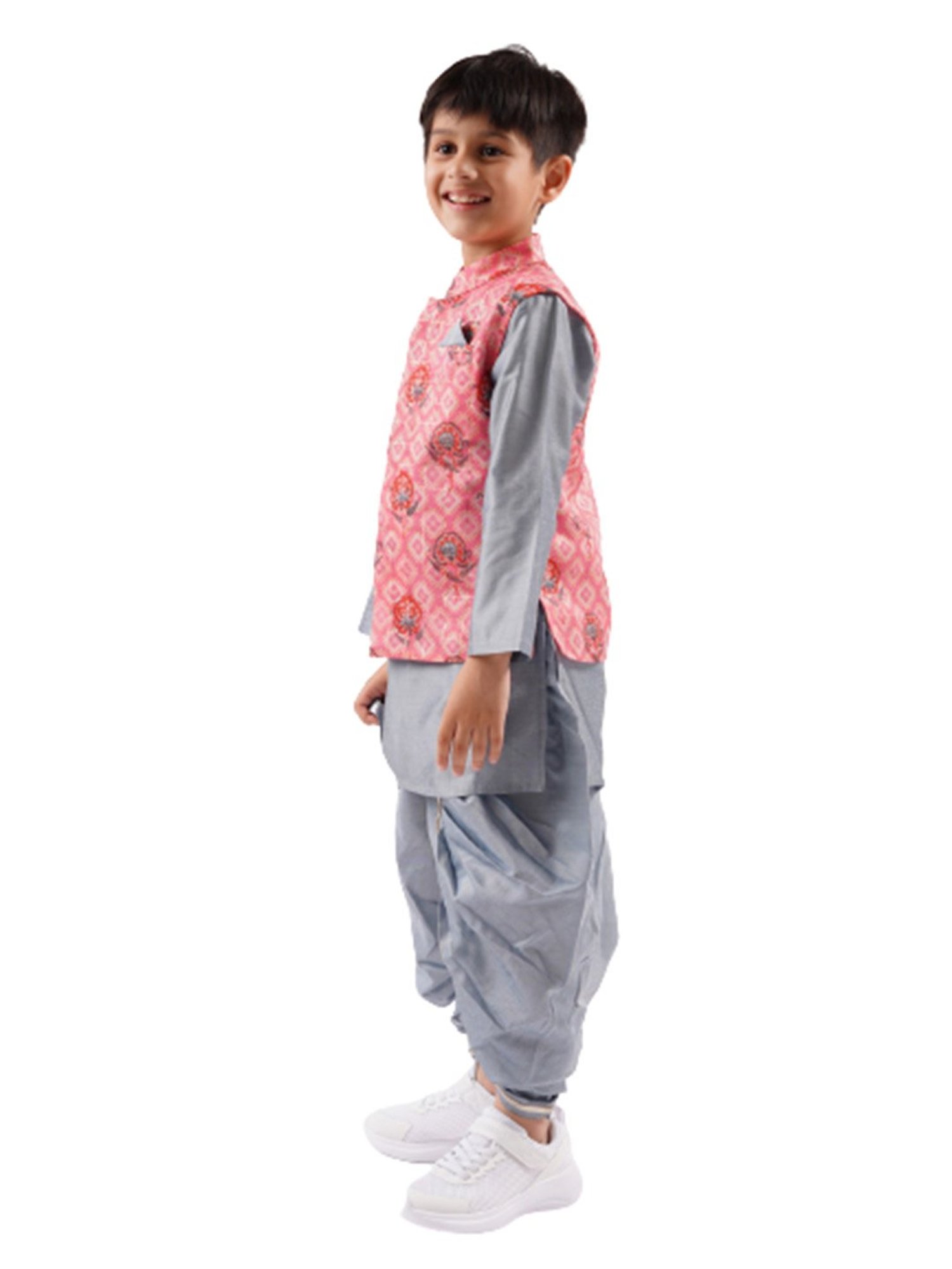 Lil Drama Kids Pink & Grey Floral Print Full Sleeves Kurta, Dhoti With Nehru Jacket