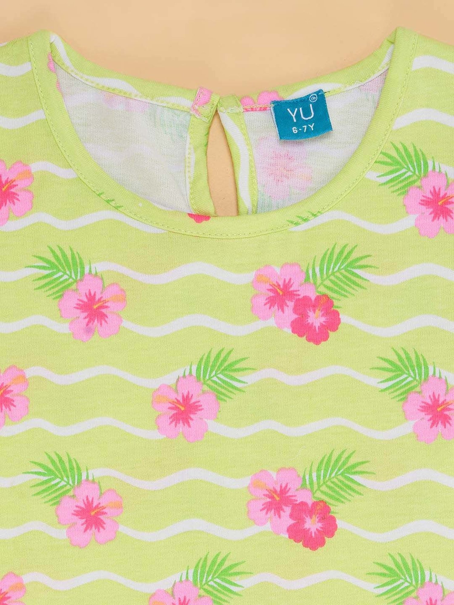 YU by Pantaloons Kids Green & Peach Cotton Floral Print T-Shirt Set