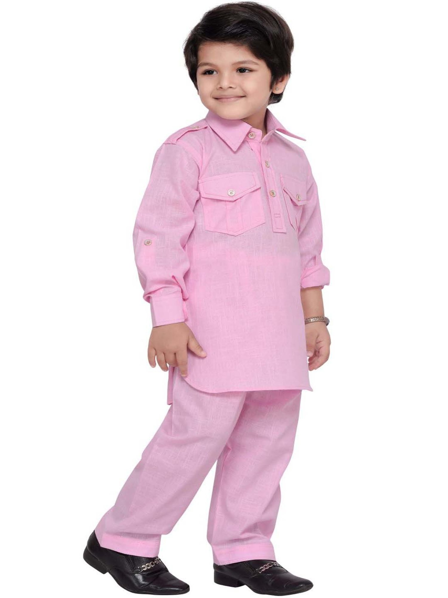 AJ Dezines Kids Pink Regular Fit Full Sleeves Kurta Set