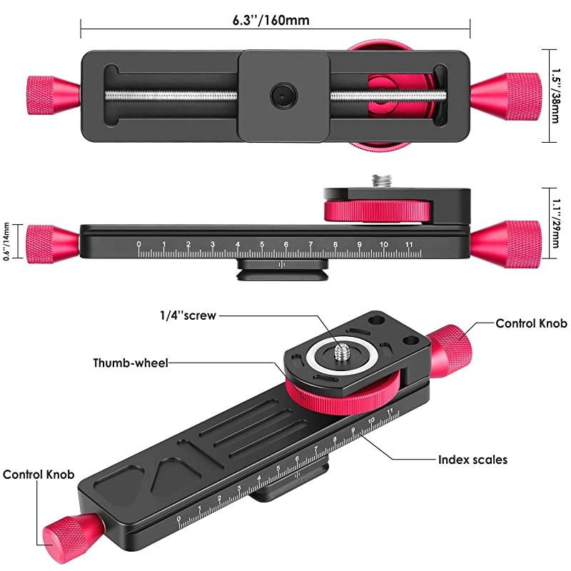 All Metal Wormdrive Macro Focusing Focus Rail Slider/Close-up Shooting Clamp Plate: 115mm Adjustment with 1/4 Inch Screw Head for DSLR Cameras,Tripod Ballhead, Arca/RRS Lever Clamp Compati