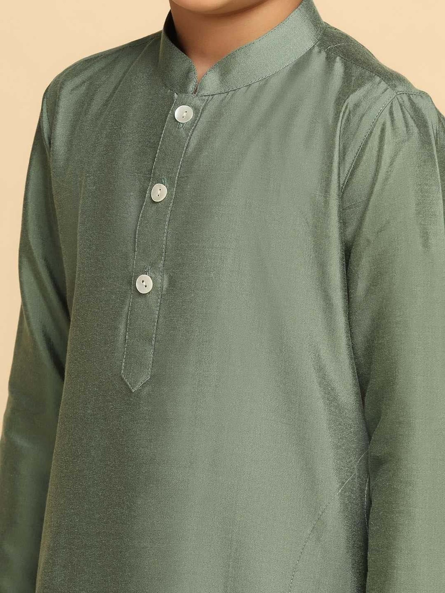 KISAH Kids Green & White Cotton Regular Fit Full Sleeves Kurta Set