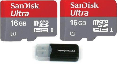 Sandisk Ultra micro SDHC Micro SD UHS-1 TF Memory Card 16GB 16G (Two Pack 16GB x2 =32GB) Class 10 w/ (1) Micro SD to Sd Adapter & Everything But Stromboli Memory Card Reader