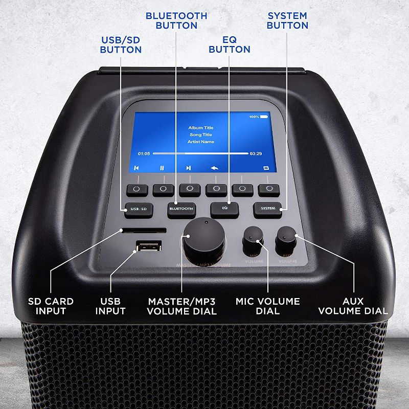 LyxPro Traveler Portable PA Speaker | 100W Rechargeable PA System w/ 8&rdquo; Woofer, Bluetooth, USB/SD Card Reader, LCD Screen & Inputs for Mic, XLR, RCA & Lines | Perfect for Karaoke, Presentations, Etc.