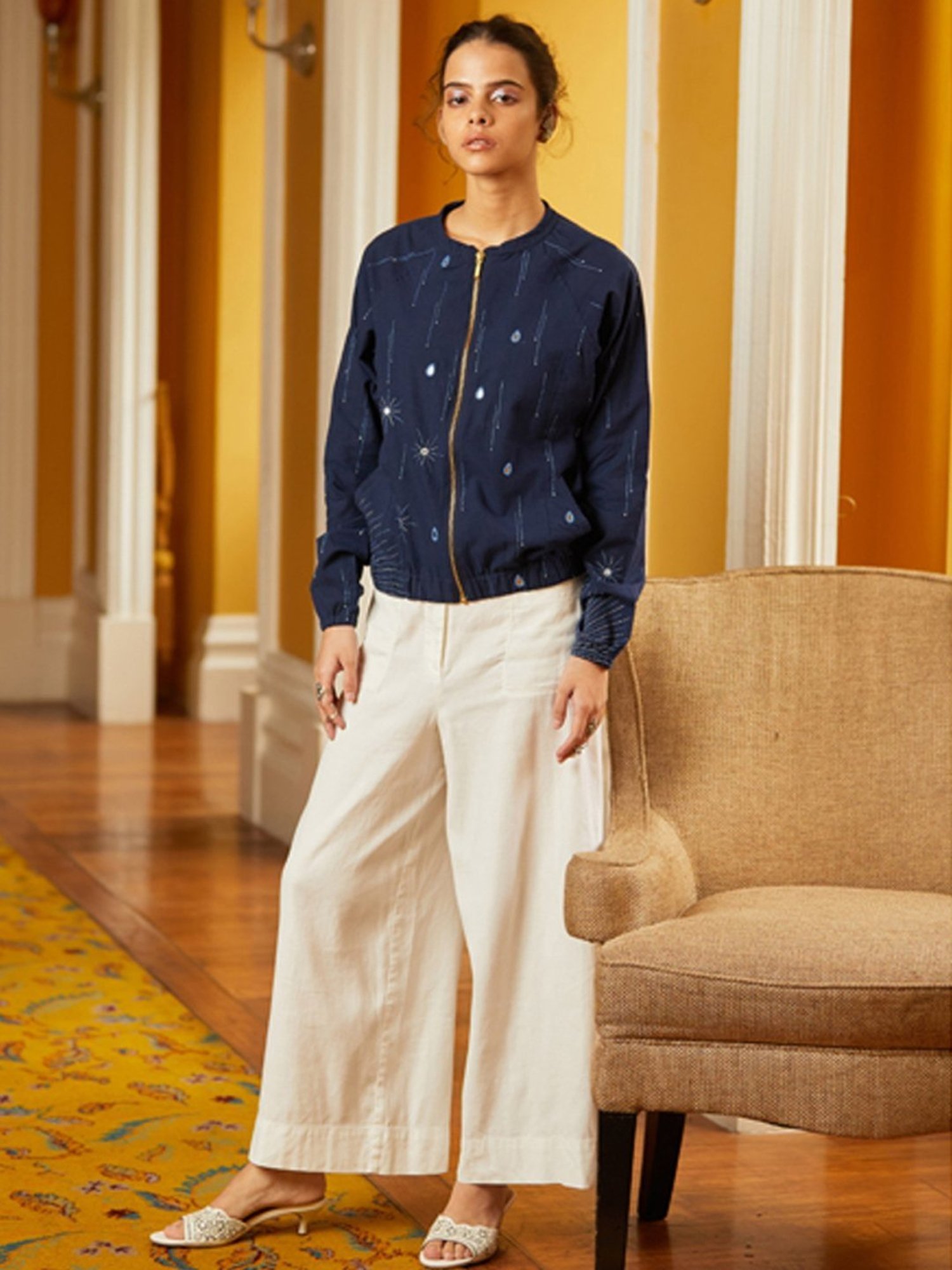 Okhai Drizzle Indigo Blue Pure Cotton Hand Embroidered Jacket