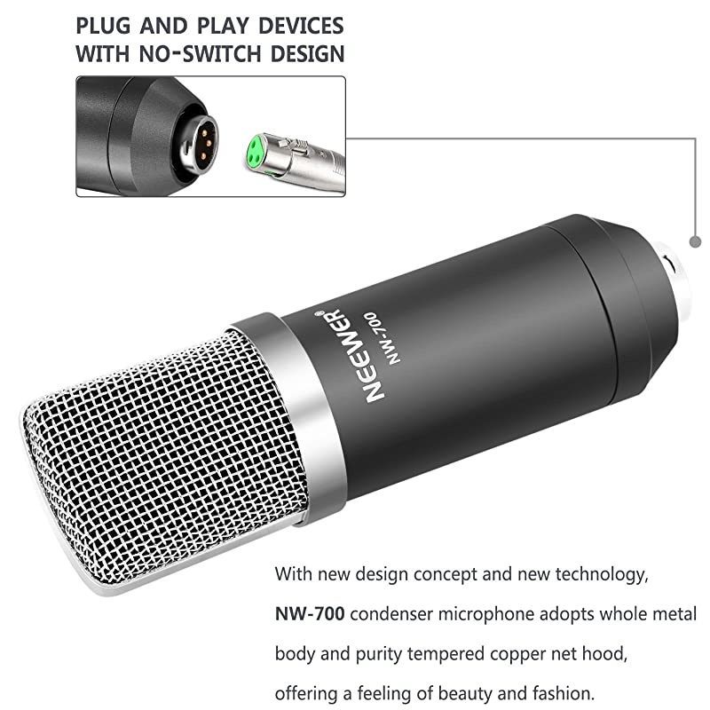 NW-700 Professional Studio Broadcasting & Recording Condenser Microphone (1)NW-700 Condenser Microphone (1)Metal Microphone Shock Mount (1)Ball-type Anti-wind Foam Cap (1)Microphone Audio Cable