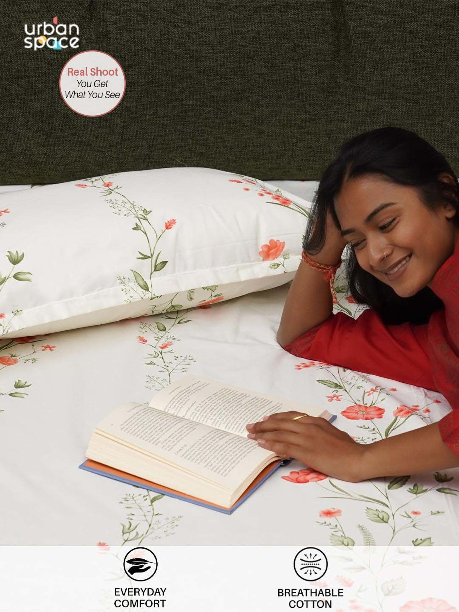 Urban Space Serene Peach Cotton 200 TC King Fitted Bedsheet With Pillow Covers