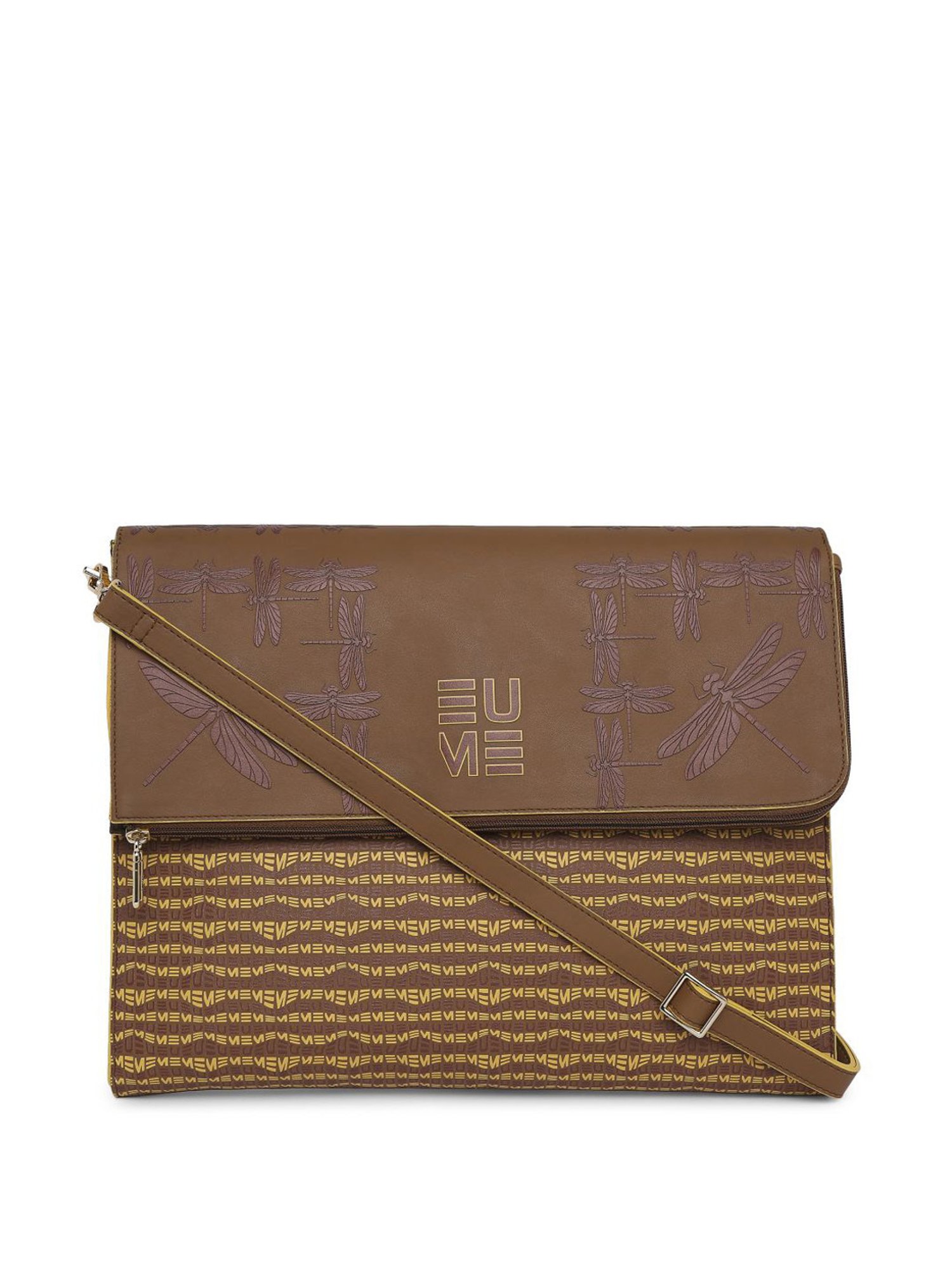 Eume Dragonfly Rubber Brown Leather Printed Laptop Sleeve