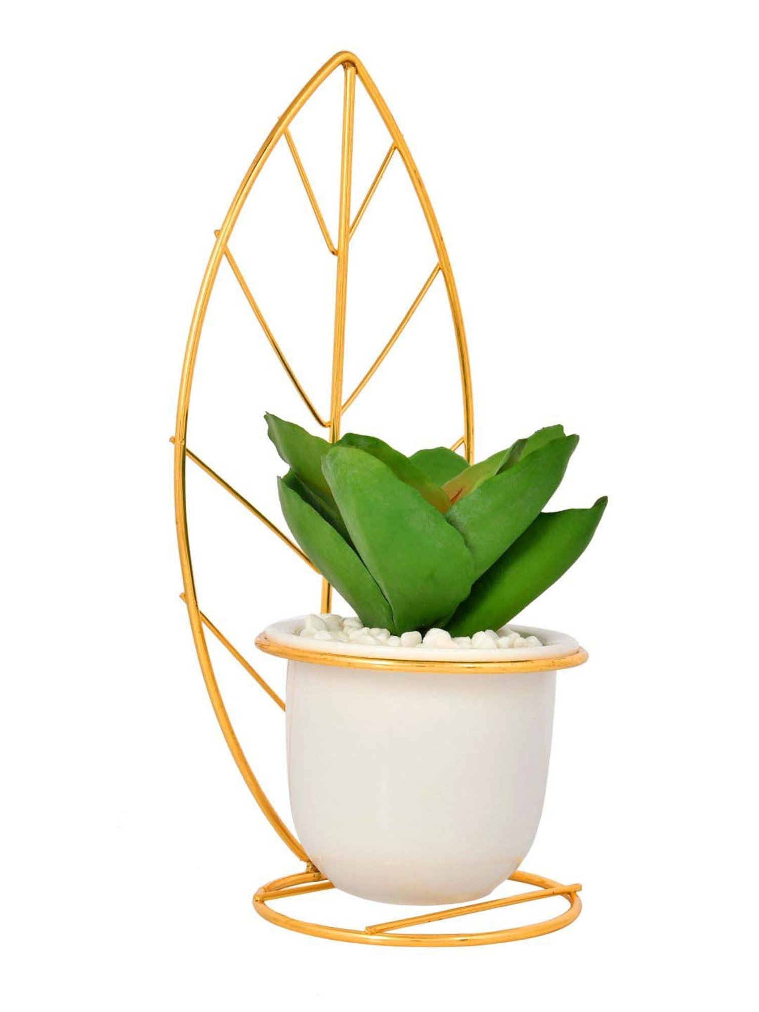 Tayhaa White & Golden Ceramic Leafy Artificial Plant With Pot