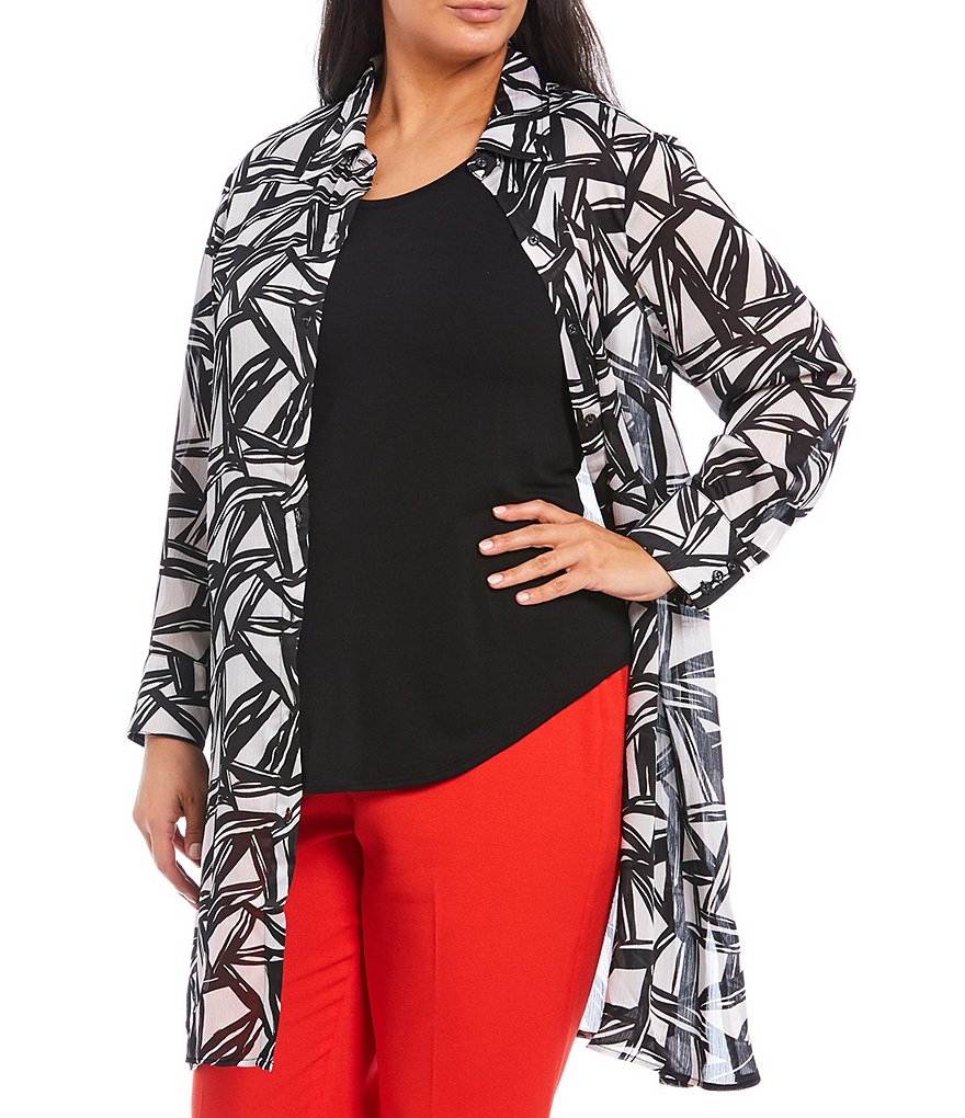 Kasper Plus Size Point Collar Neck Long Sleeve Abstract Geo Printed Satin Oxford Shirt Topper