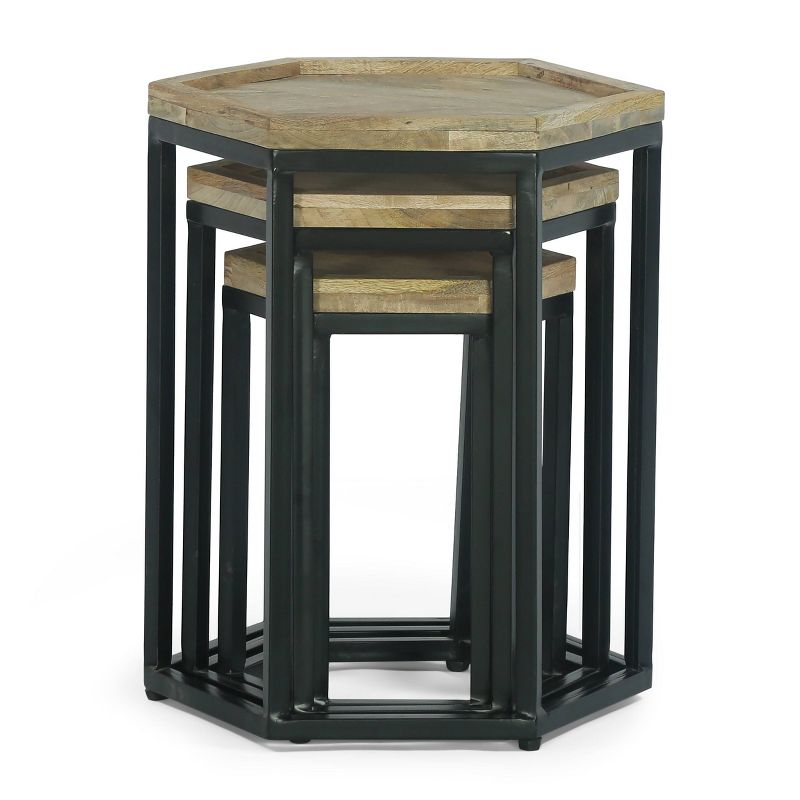 Set of 3 Morella Modern Industrial Handcrafted Mango Wood Nested Side Tables Natural/Black - Christopher Knight Home