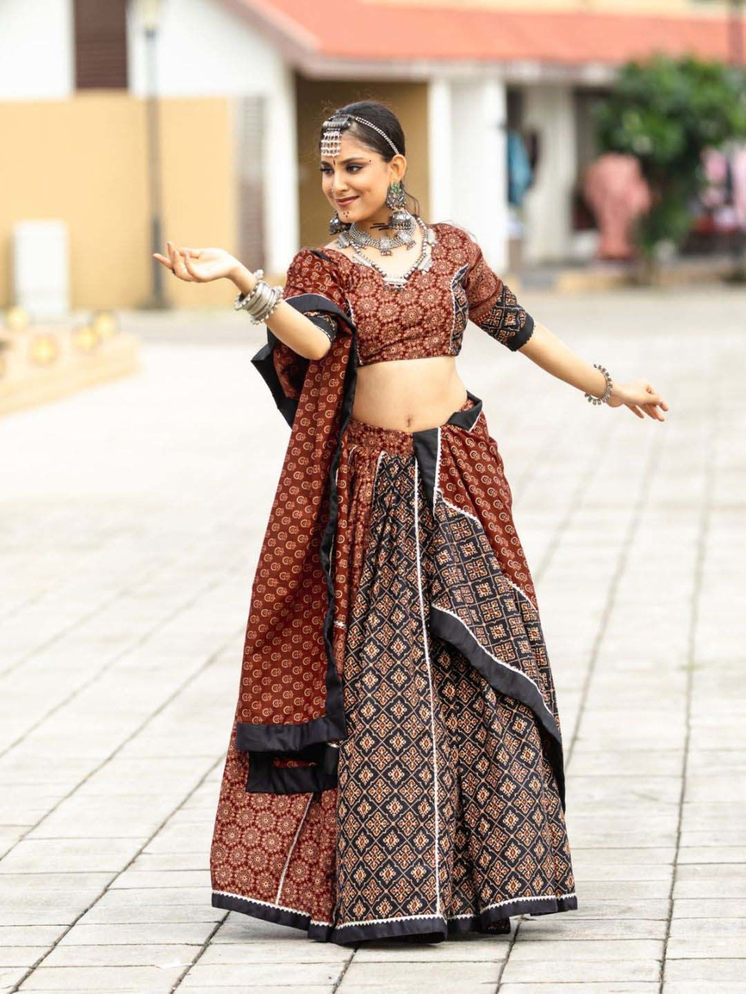 Odette Black & Maroon Cotton Printed Lehenga Choli Set With Dupatta