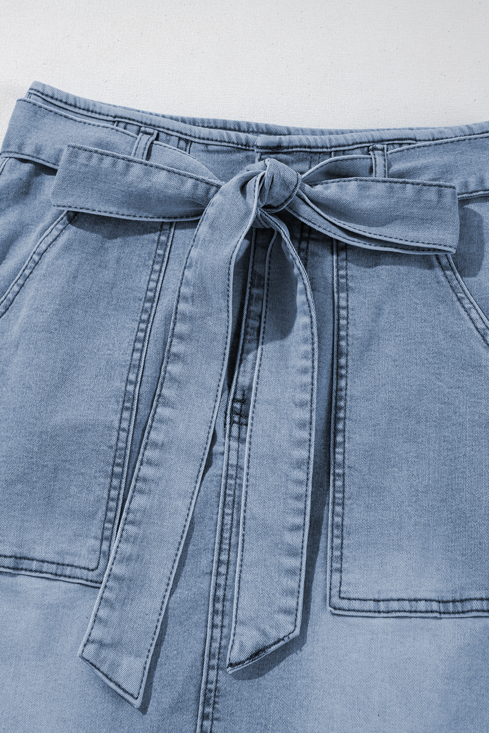 Dusk Blue Light Washed Belted High Waist Denim Skirt