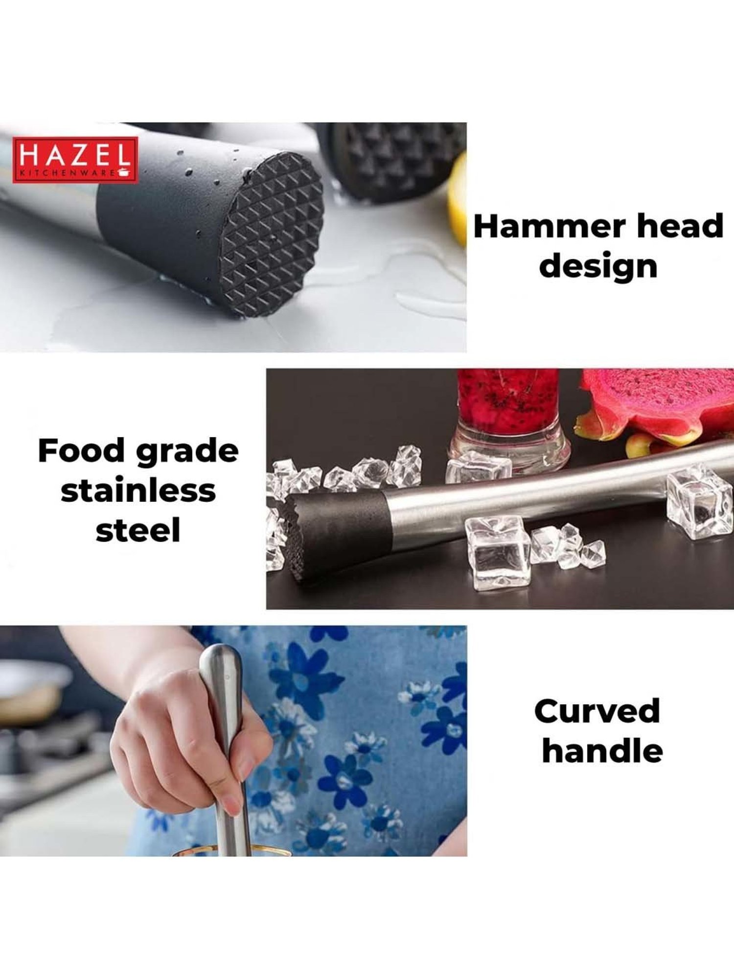 HAZEL Silver Stainless Steel Cocktail Muddler With Easy Grip