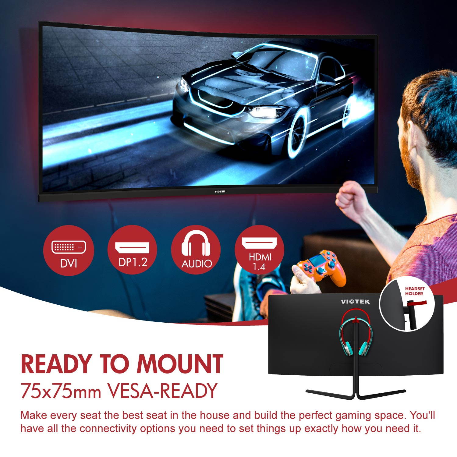 VIOTEK GNV34CB 34" Ultrawide Curved Gaming Monitor | 2560 x1080 100Hz 21:9 | Ultra-Bright VA Panel w/ Dynamic Color + FreeSync | HDMI DVI DP 3.5mm | Deep 1500R Curvature (VESA)