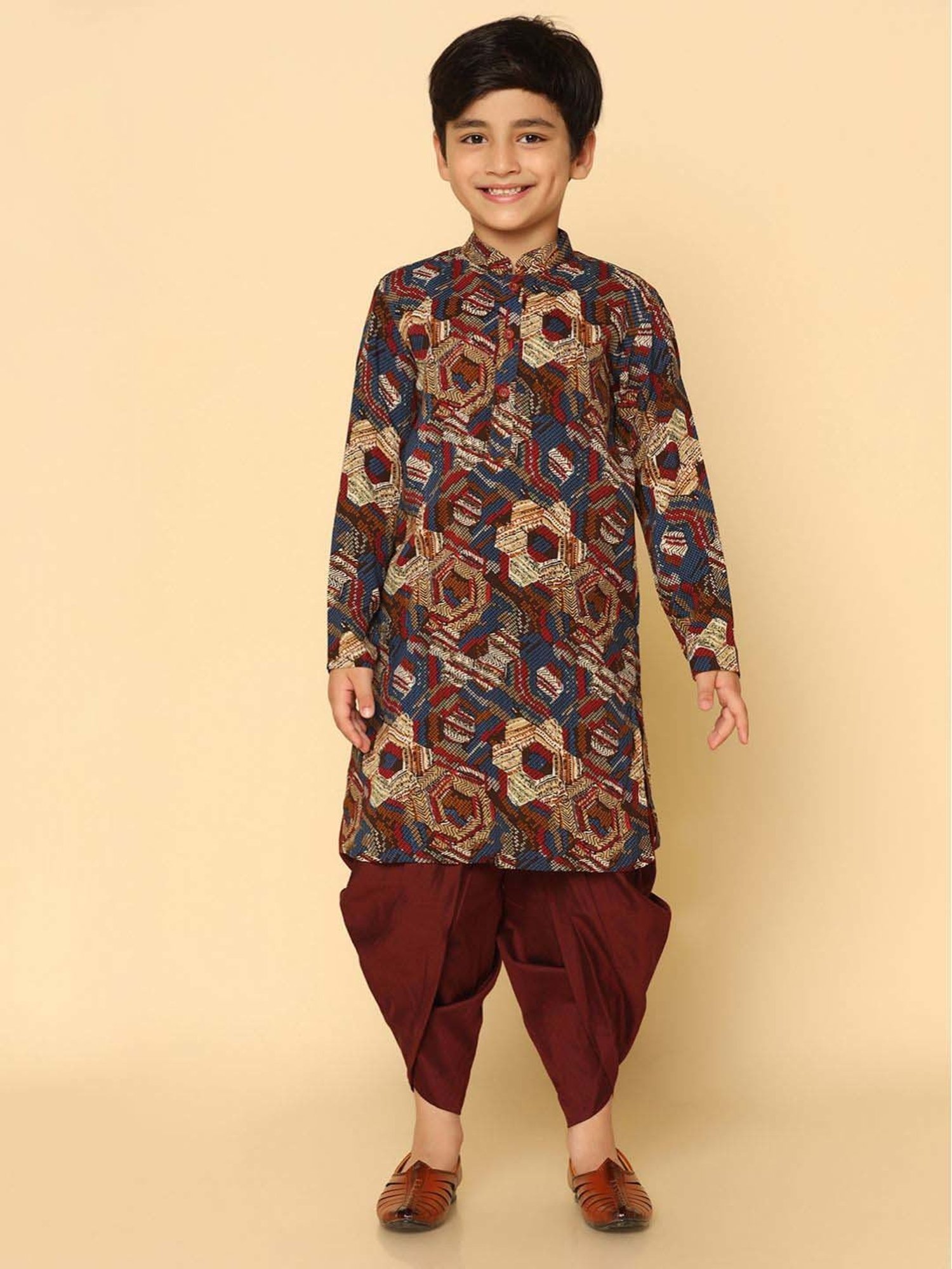 KISAH Kids Maroon & Blue Printed Full Sleeves Kurta Set