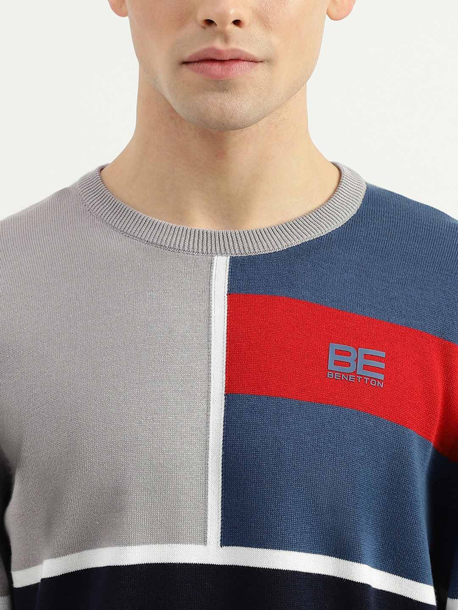 United Colors of Benetton Grey Pure Cotton Regular Fit Colour Block Sweater