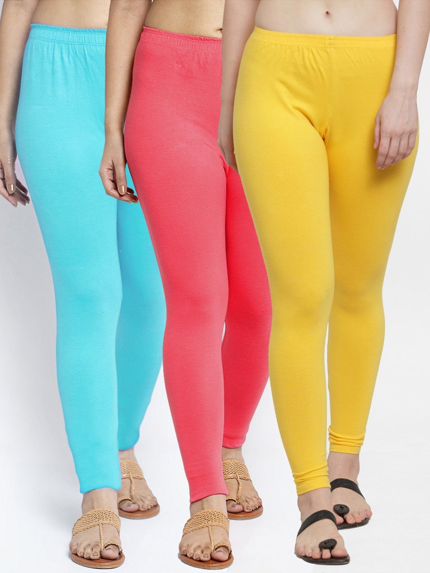 Gracit Yellow & Peach Mid Rise Leggings - Pack Of 3