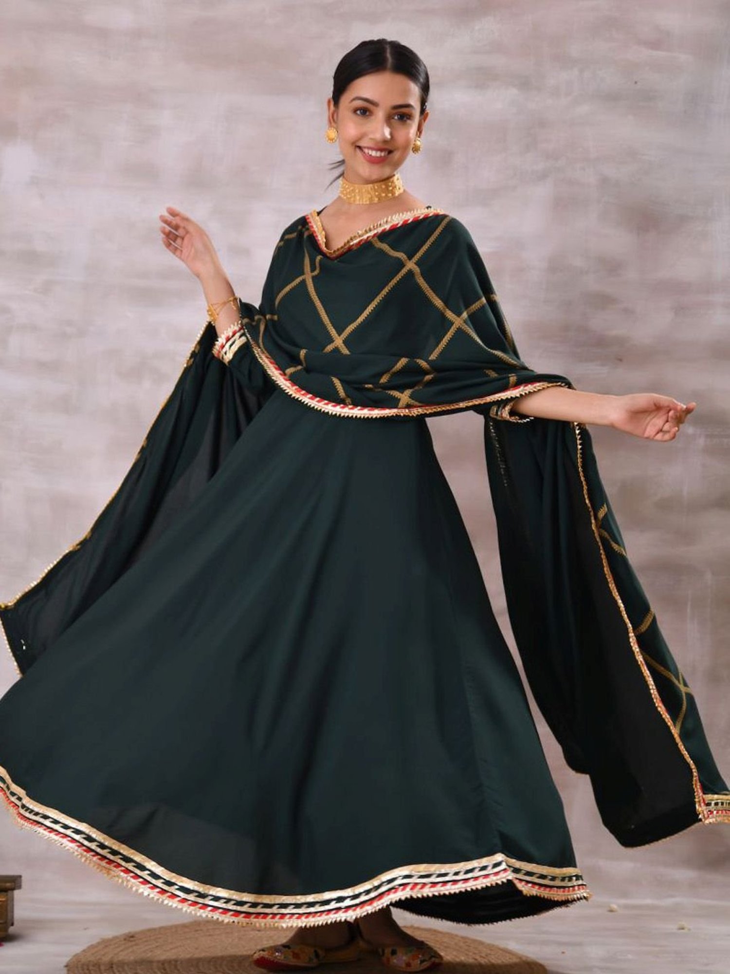 Rustorange Emerald Green Printed Kurta Dress with Dupatta