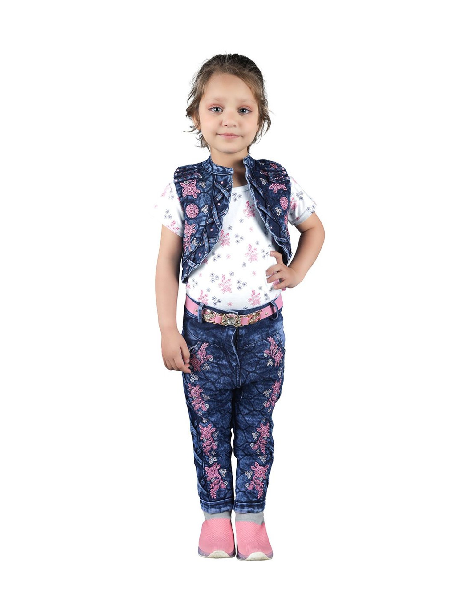 Ahhaaaa Kids White & Blue Printed Top, Jeans, Jacket with Belt