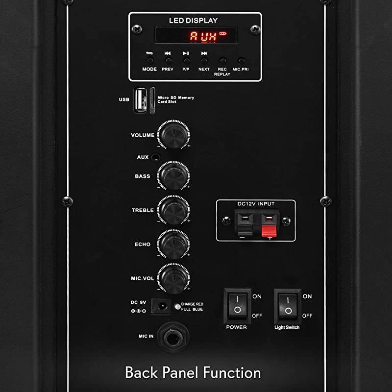 Portable PA Speaker System 1200W High Powered Bluetooth Compatible Indoor and Outdoor DJ Sound Stereo Loudspeaker w USB SD MP3 AUX 35mm Input Flashing Party Light amp FM Radio PPHP1544B