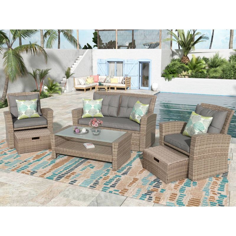 6pc Rattan Wicker Patio Sectional Set with Table & Cushions - Art Leon