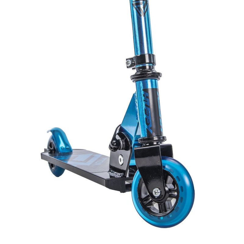 Huffy 28029 100mm Prizm Folding Lightweight Design Inline Scooter with Steel Rear Foot Brake and Adjustable Handlebar for Kids Ages 5 and Over, Blue
