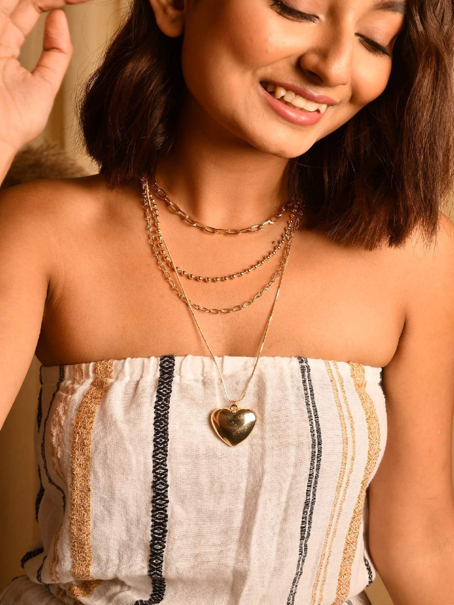 Jewelz Golden Heart Pendant Multi-Layered Necklace for Women