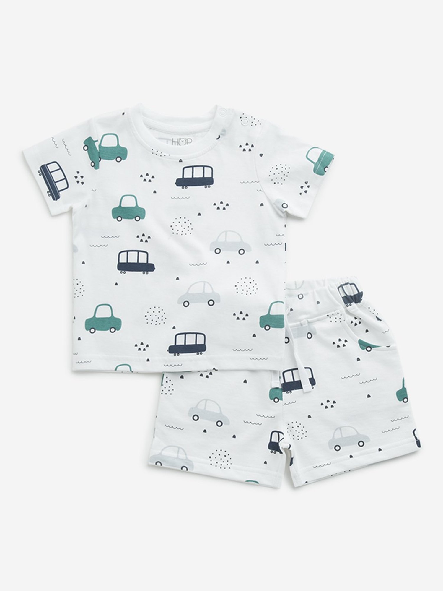 HOP Baby by Westside White Printed Cotton T-Shirt with Mid-Rise Shorts