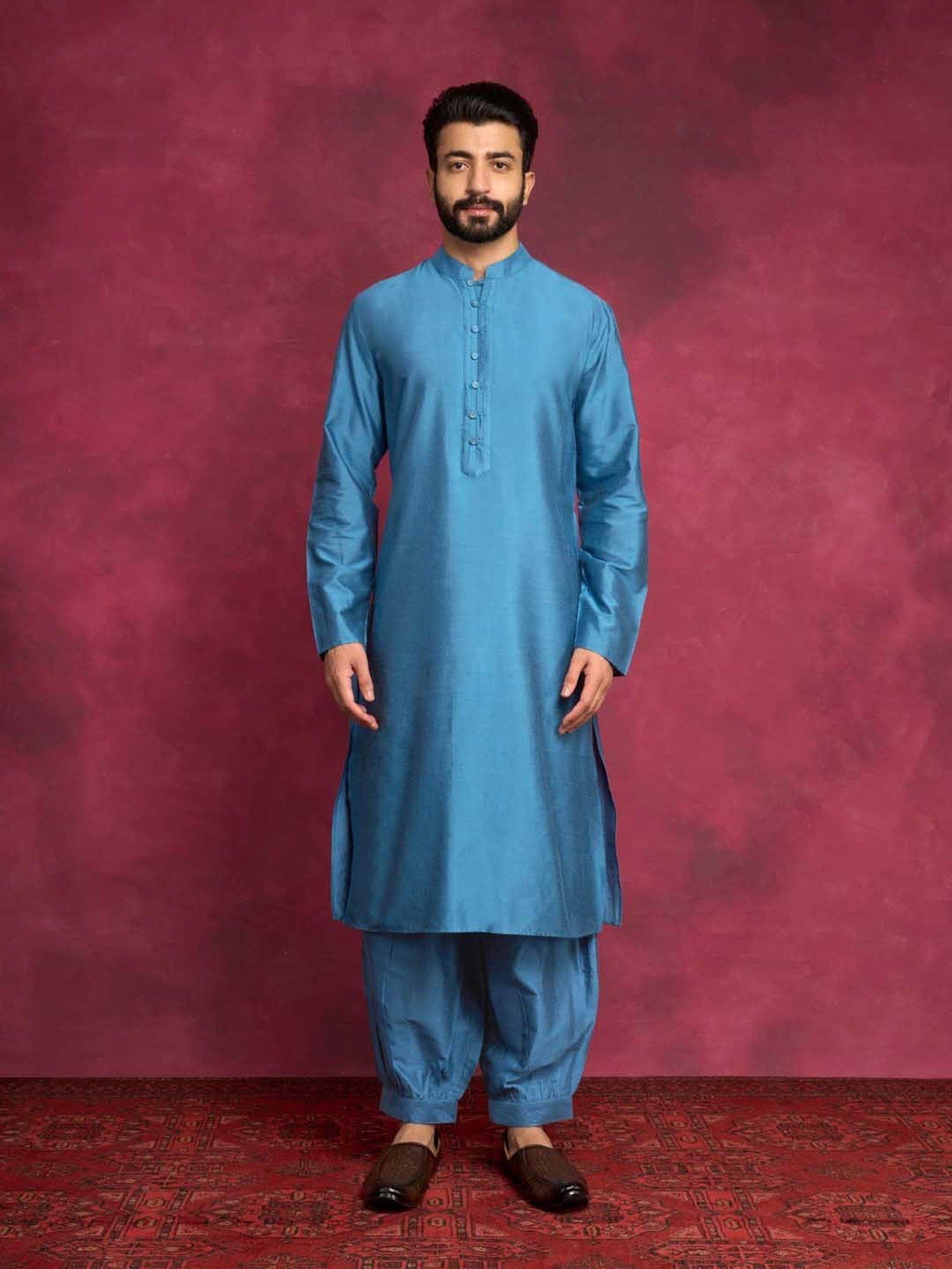 Abhishti Ocean Blue Straight Fit Side Tie-Up Kurta & Pathani Pants Set