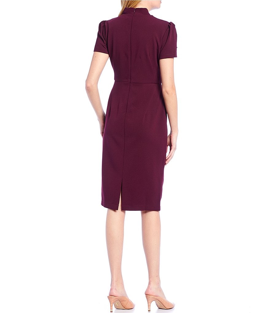 Maggy London Petite Size Tie Neck Puff Sleeve Stretch Crepe Sheath Dress