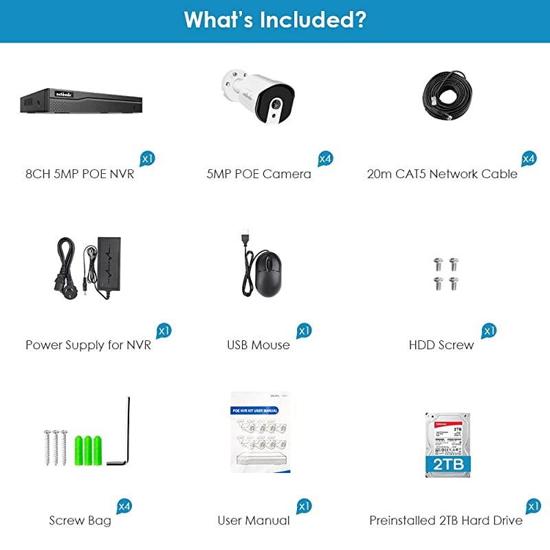 Audio]  5MP PoE Security Camera System, 8 Channel Surveillance Camera System NVR with 2TB Hard Drive, 4pcs 5MP (2592x1944P) HD PoE IP Security Cameras, 24/7 Recording, 120ft IR Night Vision