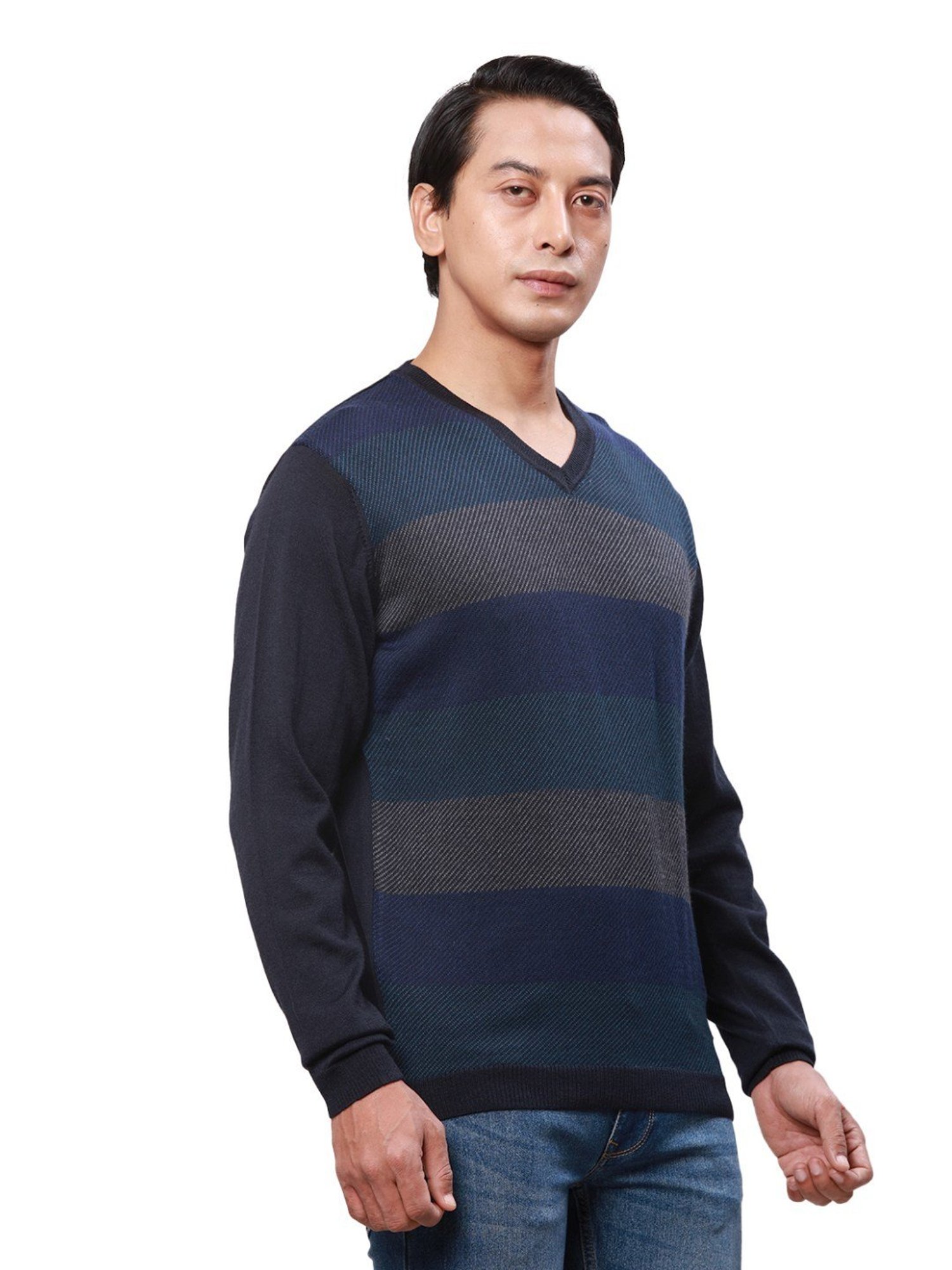 Park Avenue Mid Blue Regular Fit Striped Sweater