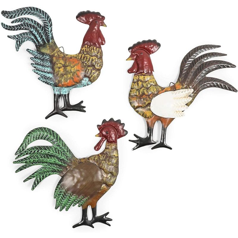 Farmlyn Creek 3 Pack French Country Metal Rooster Trio for Barn Home Wall Decor (11.5 In)