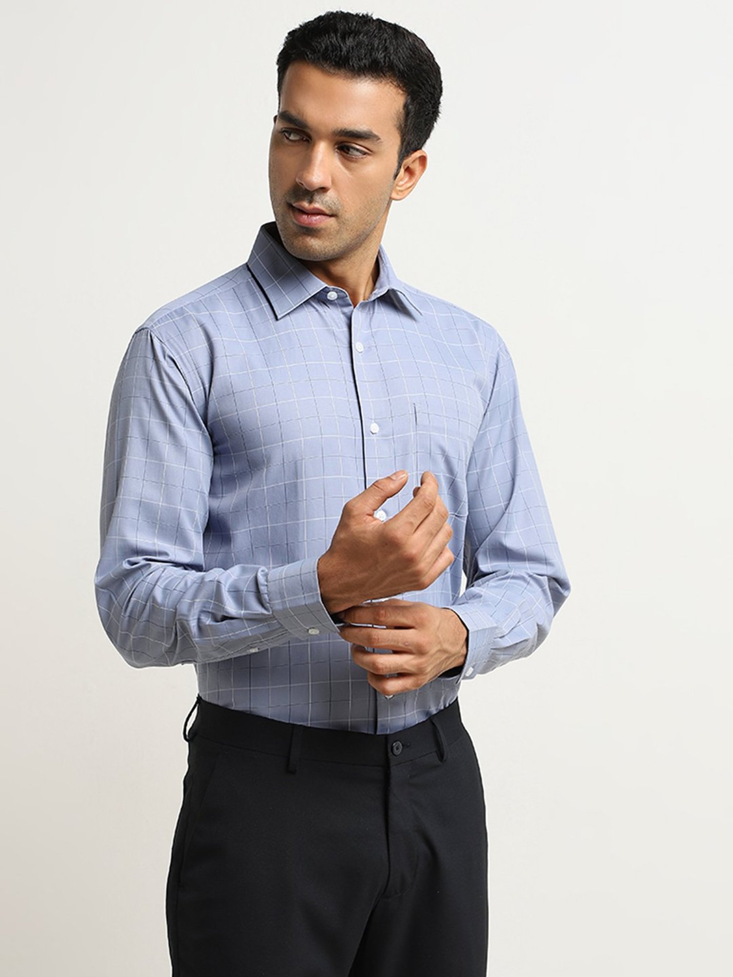 WES Formals by Westside Dusty Blue Checks Design Relaxed-Fit Shirt