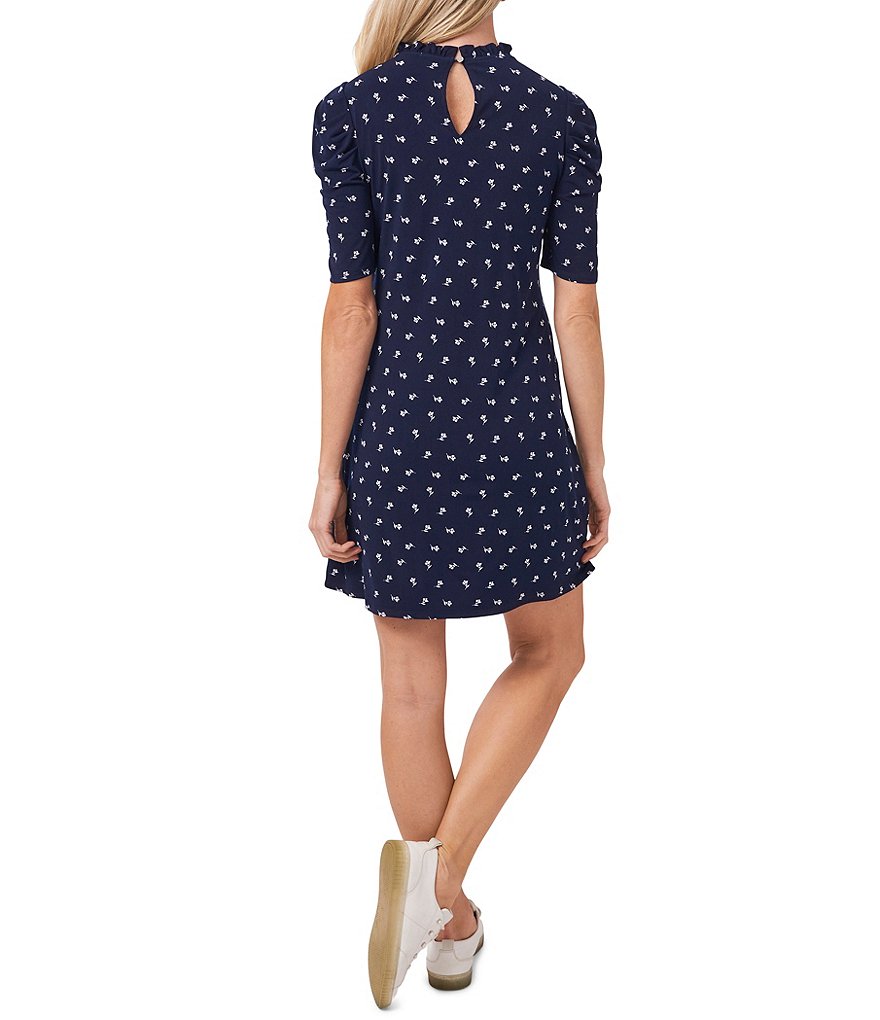 CeCe Elbow Puff Sleeve Ruffled Mock Neck Tulip Ditsy Knit Dress