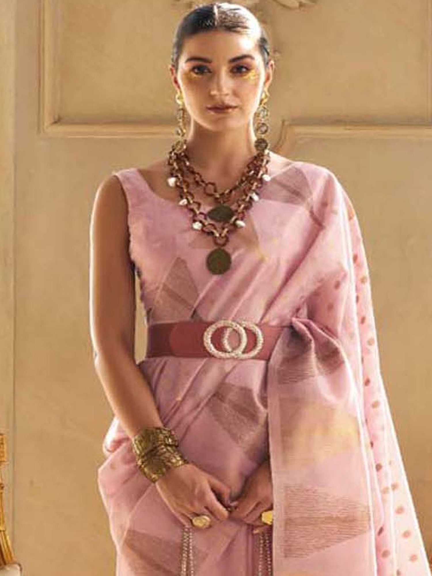 Elora Pink Silk Woven Saree With Unstitched Blouse