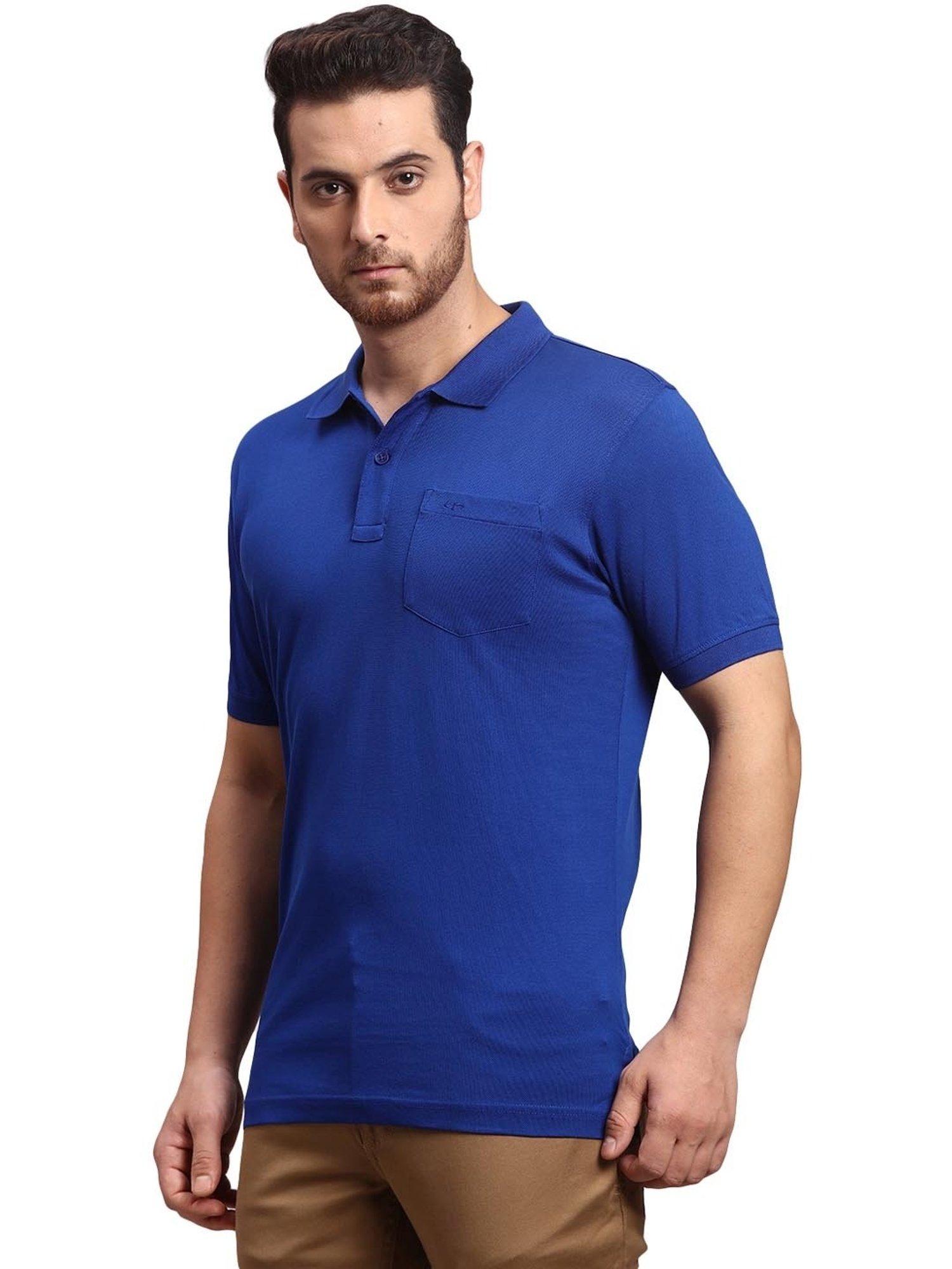 ColorPlus Blue Cotton Regular Fit Polo T-Shirt