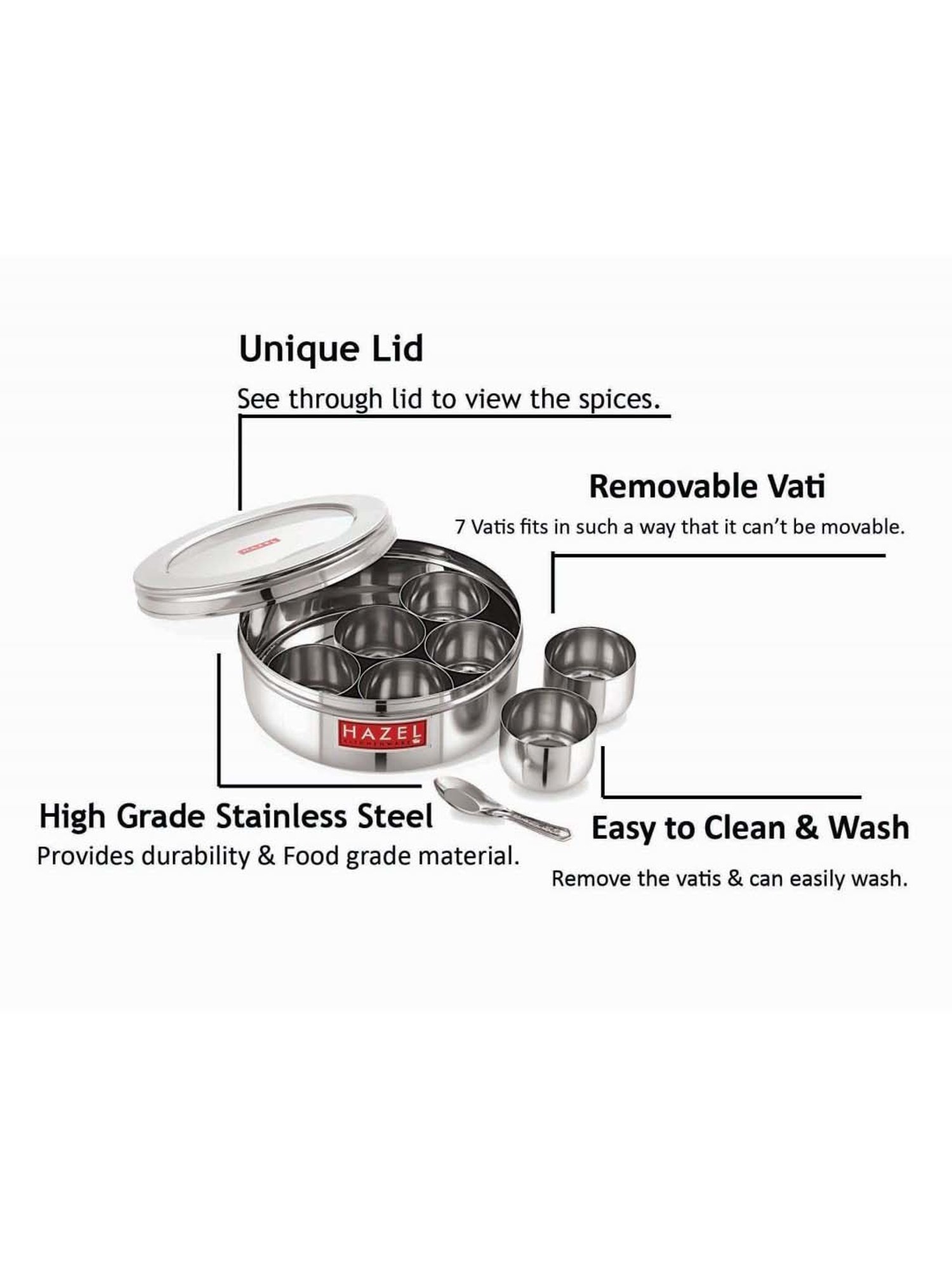 HAZEL Silver Stainless Steel See Through Masala Container Box With 7 Wati & Spoon (1.6 L)