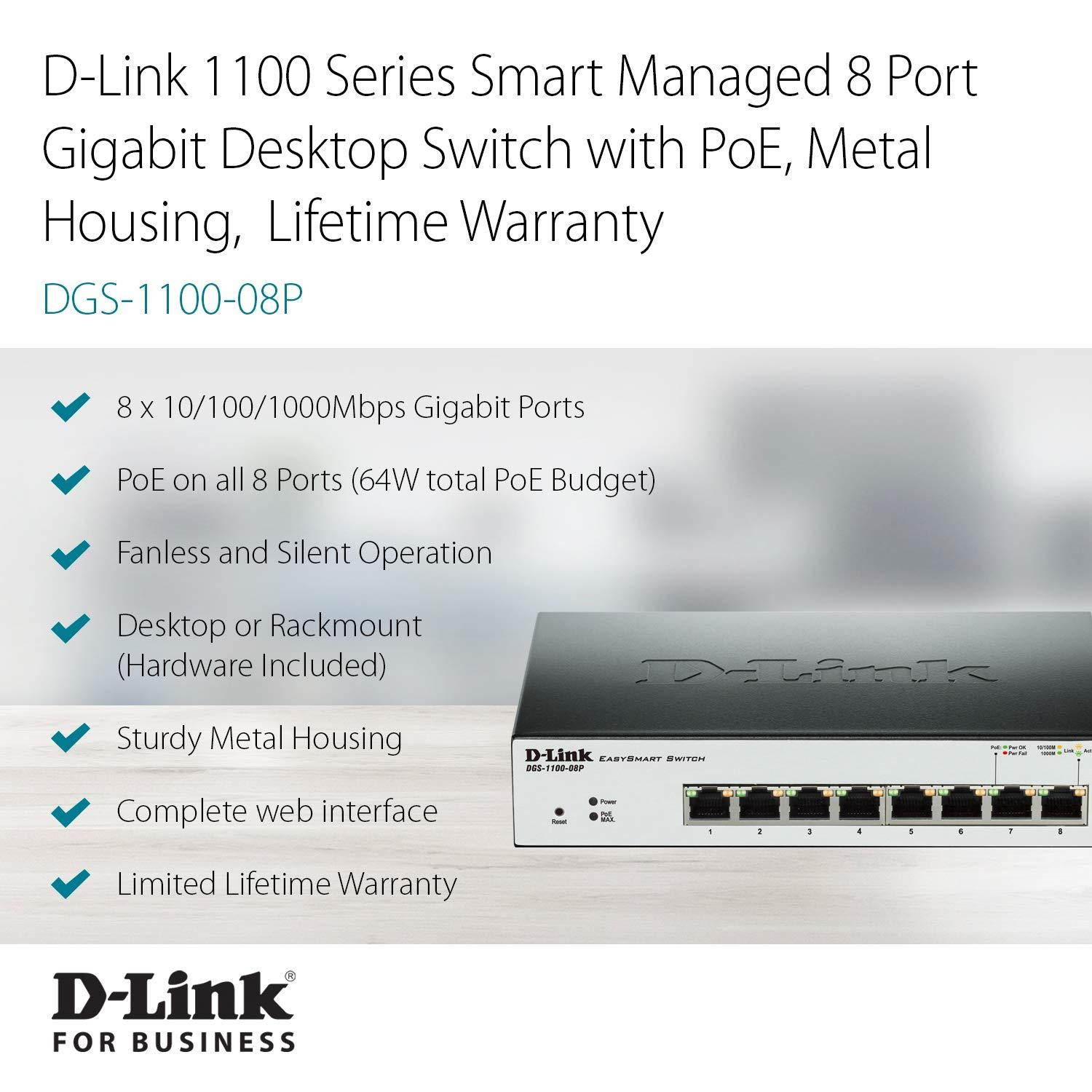 D-Link PoE Switch, 8 Port Smart Managed Gigabit Ethernet Layer 2 VLAN Control (DGS-1100-08P)