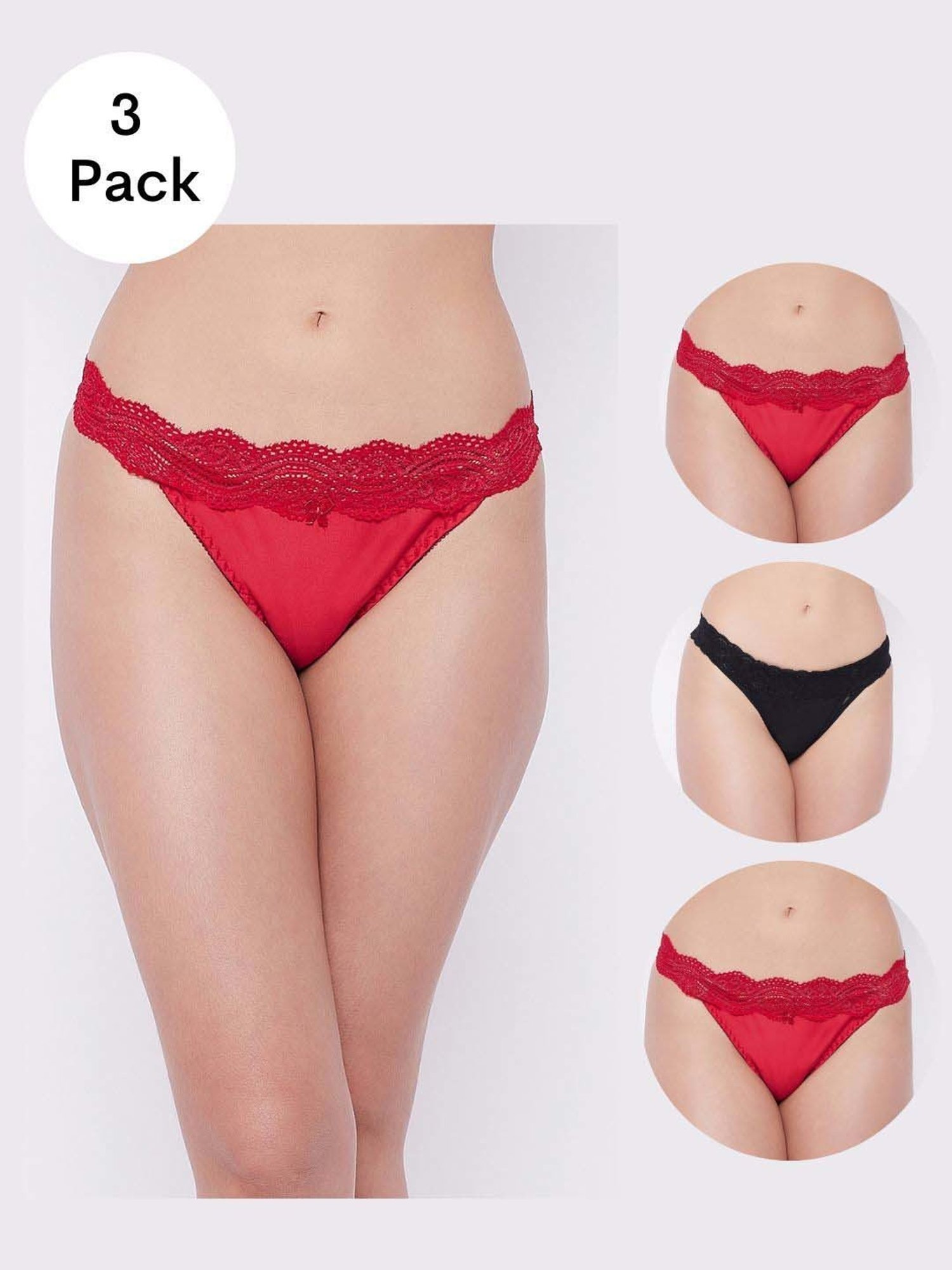 Secrets By ZeroKaata Black & Red Lace Work Bikini Panty - Pack Of 3