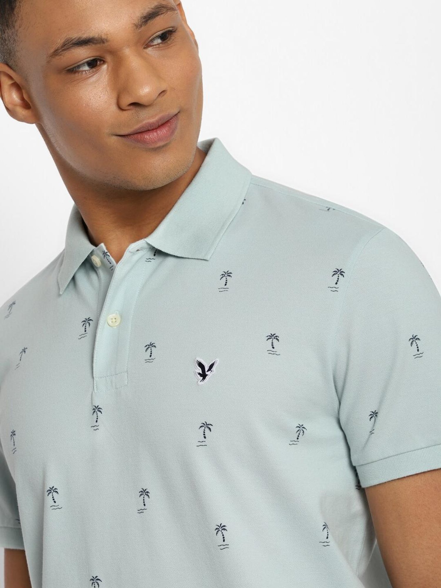 American Eagle Blue Cotton Regular Fit Polo T-Shirt