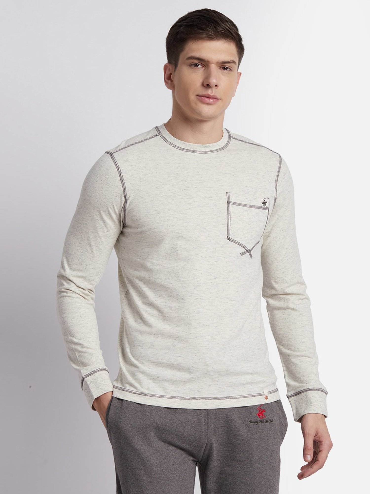 Beverly Hills Polo Club Cream Melange Regular Fit Pure Cotton Crew T-Shirt