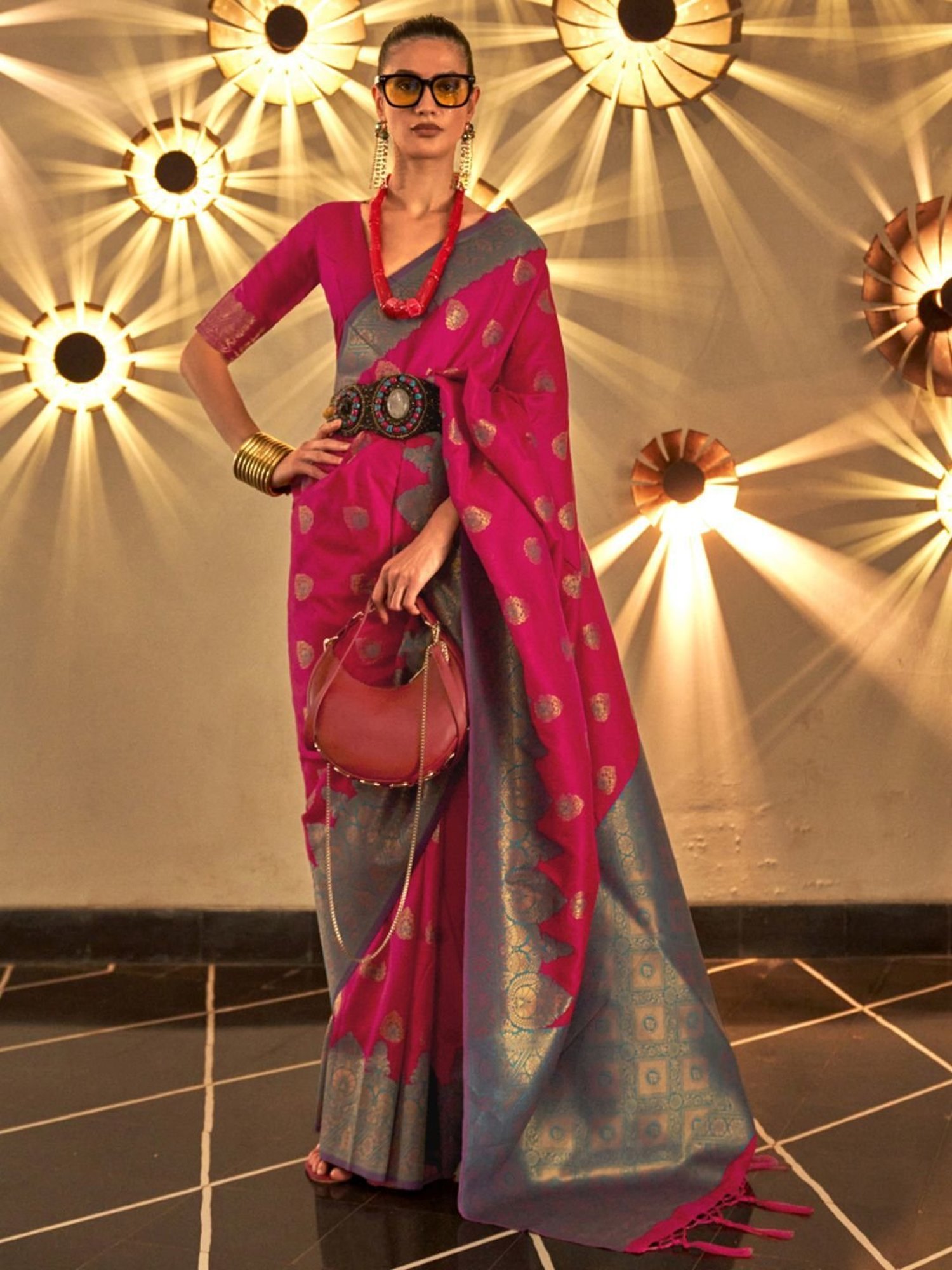 Elora Red Silk Printed Saree With Unstitched Blouse