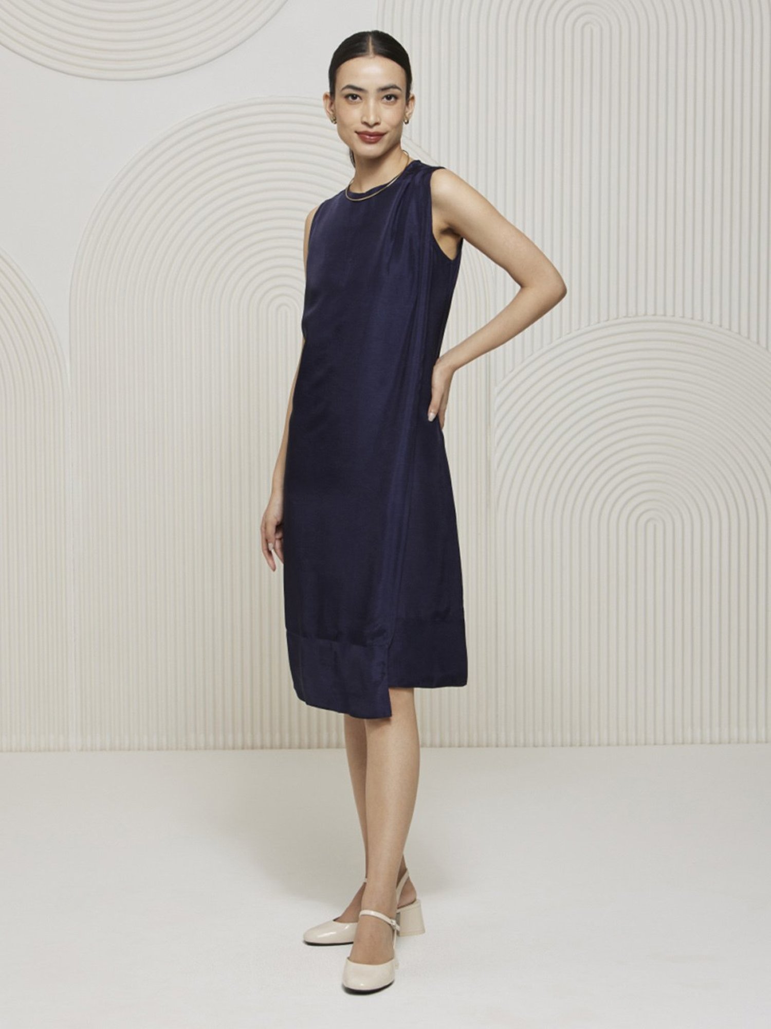 Artagai Navy Peony Elevated Basics Knee Length Dress with Pleat Detail At Shoulder