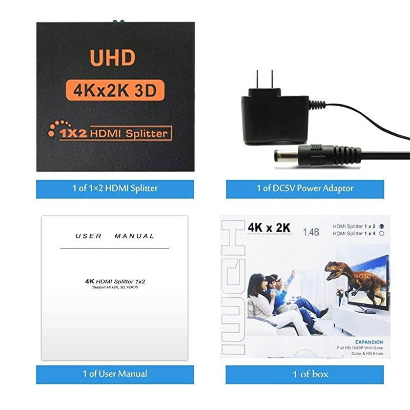 HDMI Splitter 4K 1 in 2 Out,4K HDCP V1.4,HDMI Splitter 1X2 HDMI Splitter Full UHD 4K 1080P,Support 4Kx2K,3D,HD 3840 x 2160 Resolution (One Input to Two Outputs)