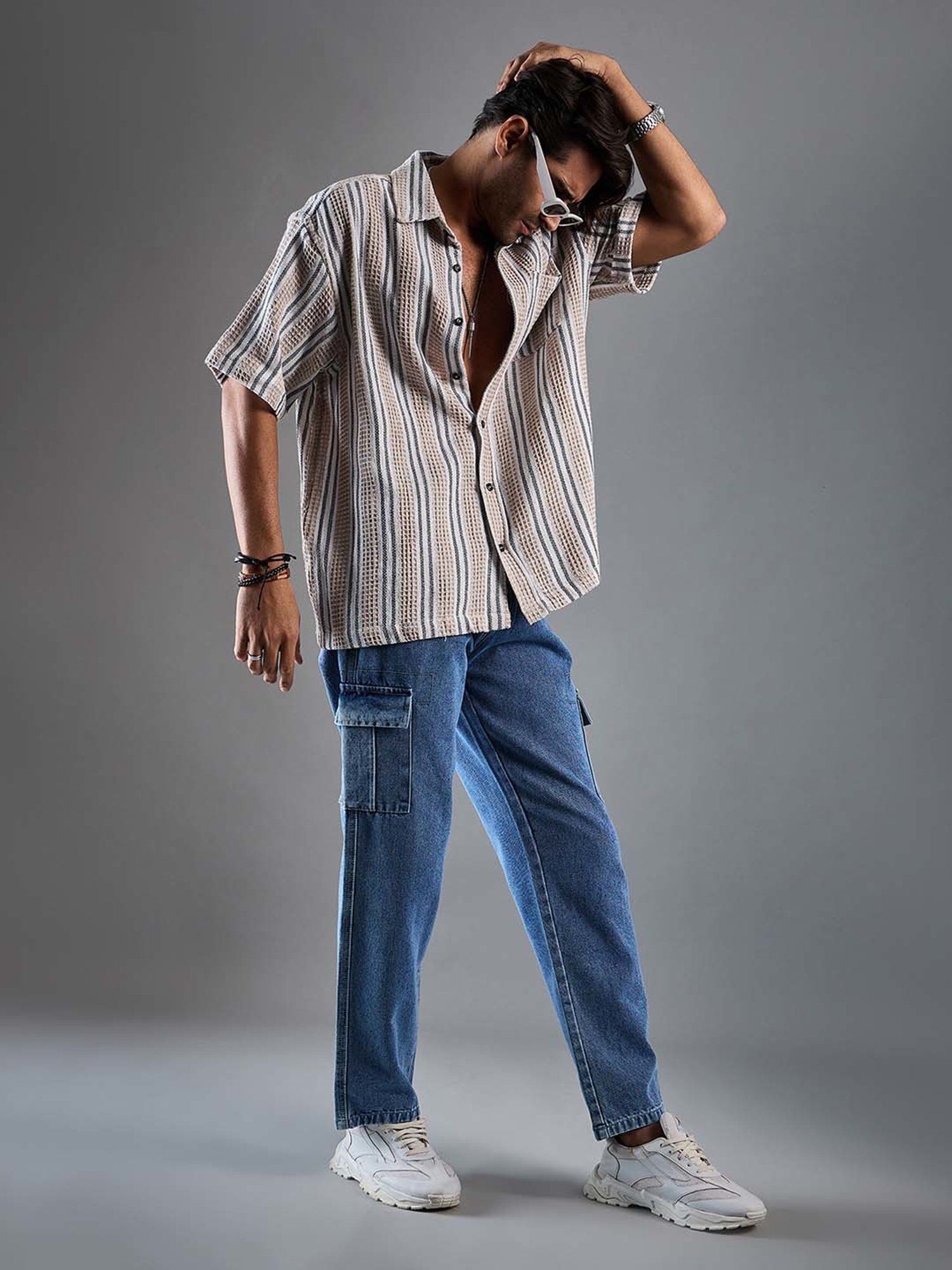 CHIMPAAANZEE Beige & White Loose Fit Striped Oversized Shirt