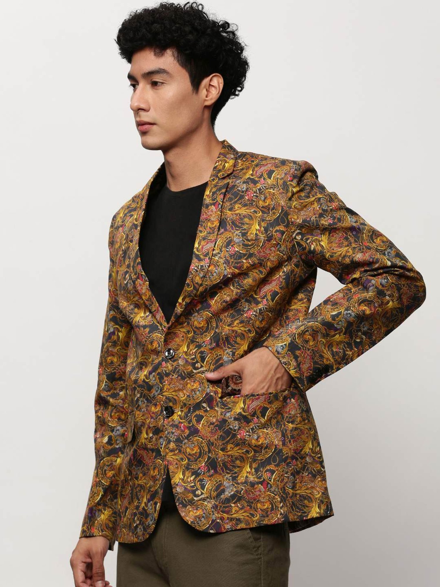 SHOWOFF Mustard Slim Fit Printed Blazer