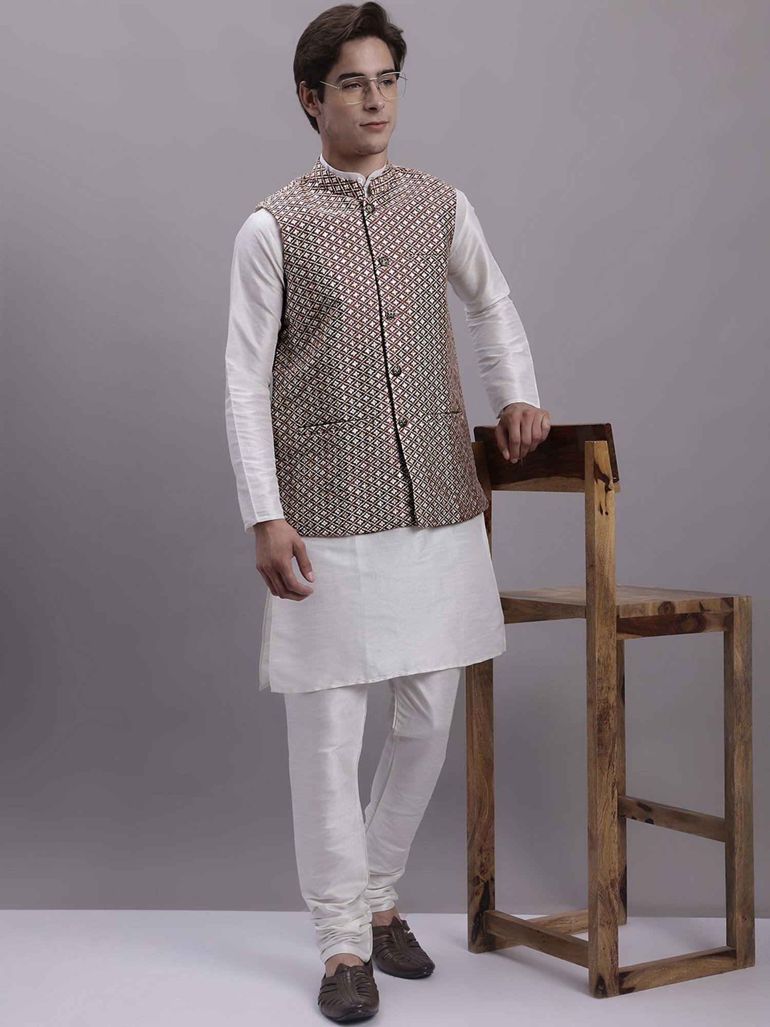 Jompers Peach Regular Fit Self Pattern Nehru Jacket