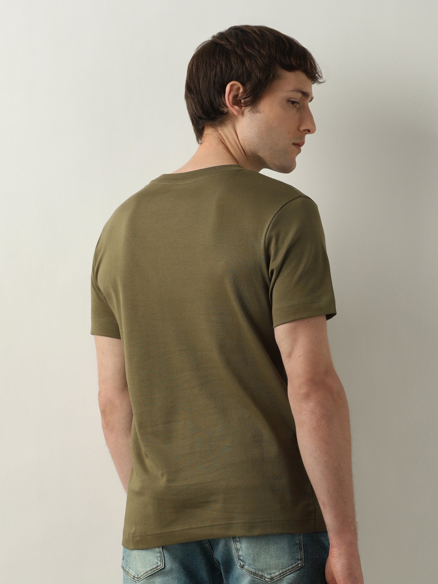 SELECTED HOMME Burnt Olive Slim Fit Logo Print Cotton Crew T-Shirt